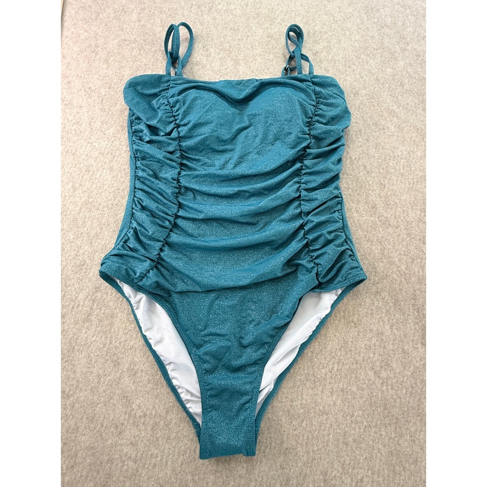 Cupshe Shimmer‎ Glitter Ruched One Piece Swimsuit Teal Blue Metallic Large NWT